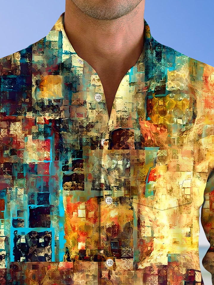 Alohadaddy Retro Geometric Art Button Pocket Casual Long Sleeve Shirt