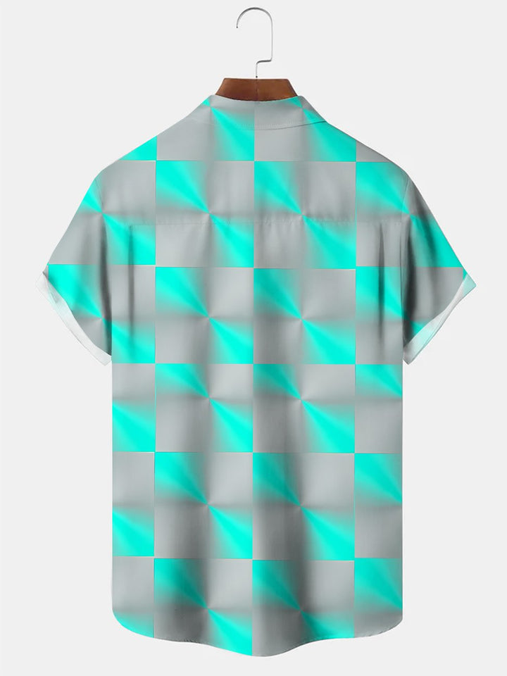 Alohadaddy Geometric Gradient Contrast Pocket Button Casual Short Sleeve Shirt