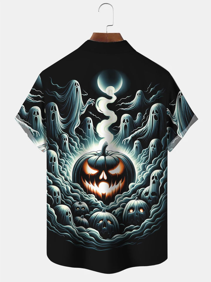 Alohadaddy Halloween Ghost Pumpkin Pocket Button Casual Short Sleeve Shirt