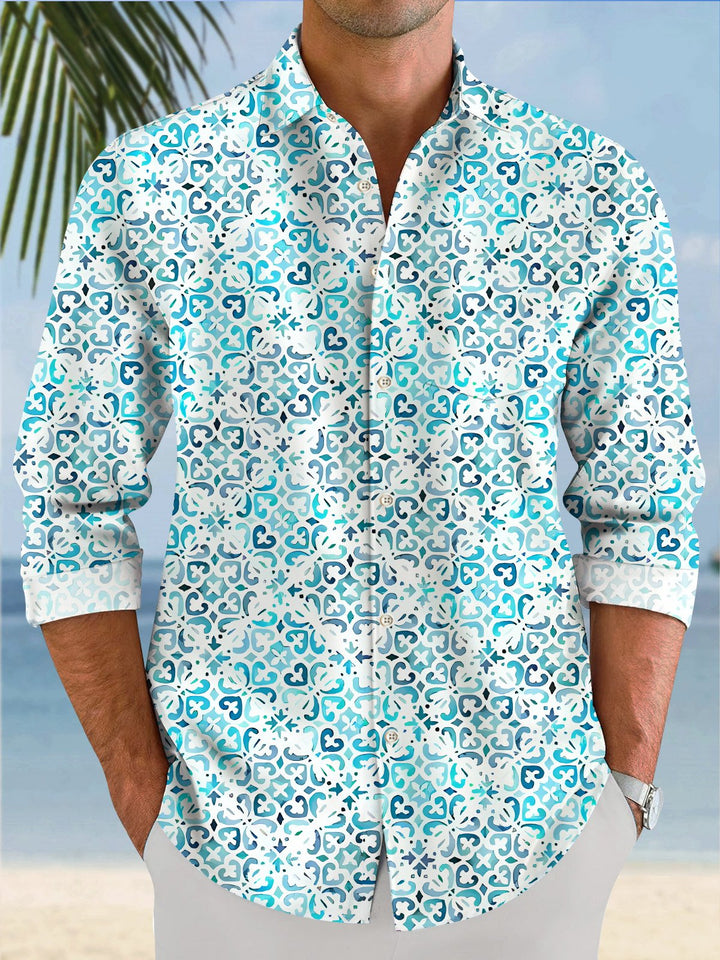 Alohadaddy Geometric Gradient Pattern Button Pocket Casual Long Sleeve Shirt