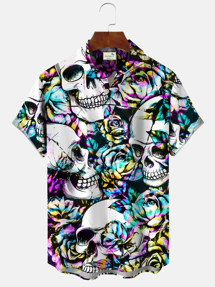 Alohadaddy Skull Liquid Metallic Button Pocket Casual Short Sleeve Shirt