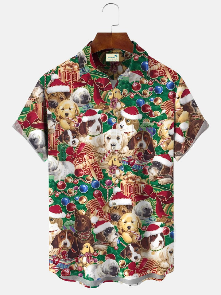 Alohadaddy Christmas Animal Dog Gift Button Pocket Casual Short Sleeve Shirt