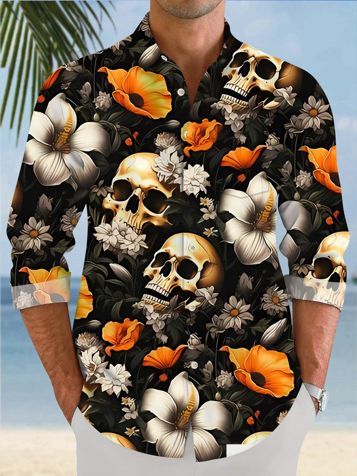 Alohadaddy Skull Plant Flower Button Pocket Casual Long Sleeve Shirt