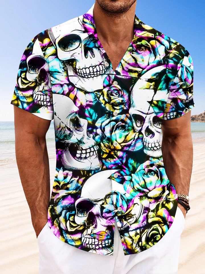 Alohadaddy Skull Liquid Metallic Button Pocket Casual Short Sleeve Shirt