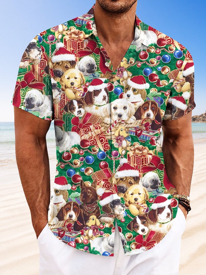 Alohadaddy Christmas Animal Dog Gift Button Pocket Casual Short Sleeve Shirt