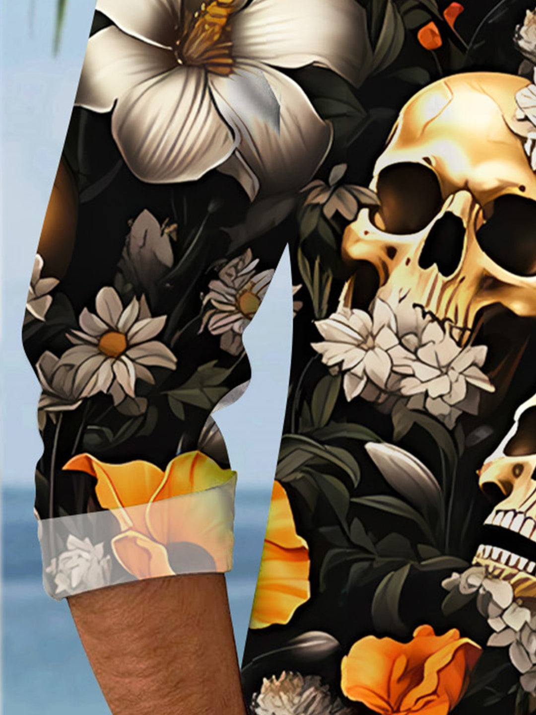 Alohadaddy Skull Plant Flower Button Pocket Casual Long Sleeve Shirt