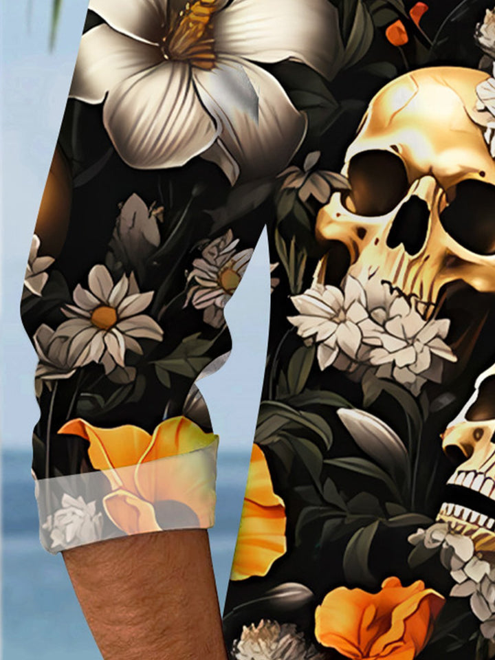 Alohadaddy Skull Plant Flower Button Pocket Casual Long Sleeve Shirt