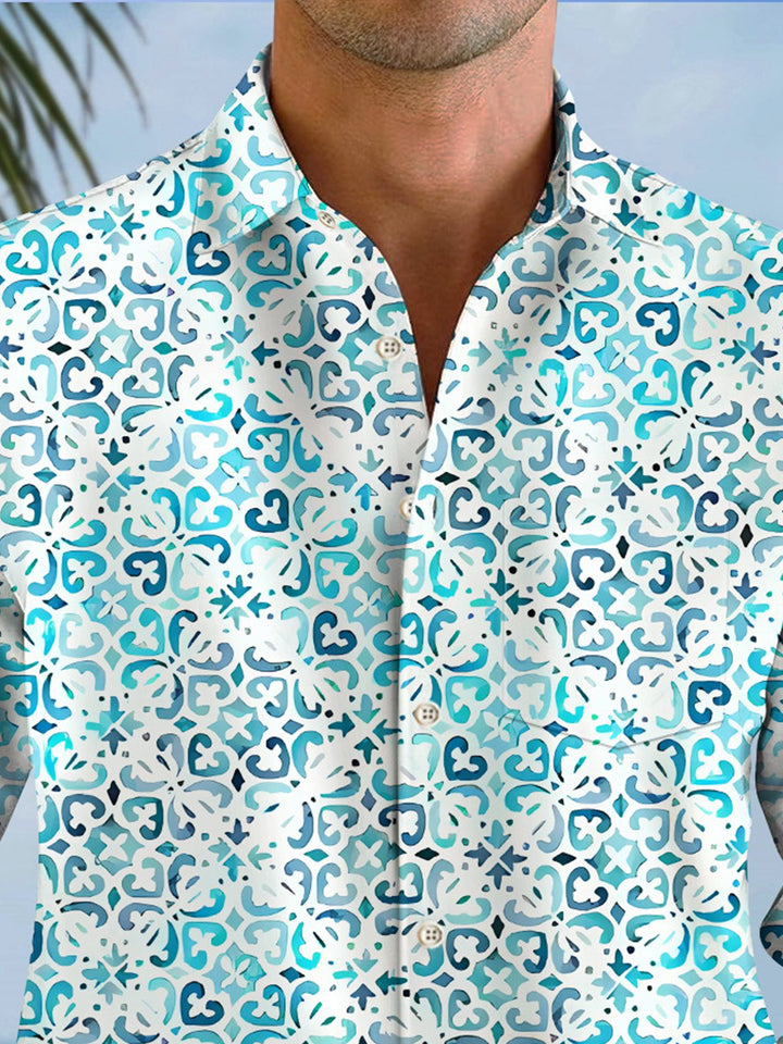 Alohadaddy Geometric Gradient Pattern Button Pocket Casual Long Sleeve Shirt