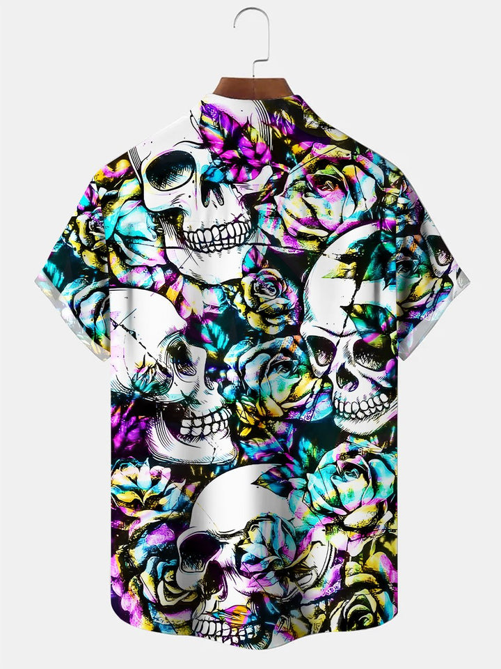 Alohadaddy Skull Liquid Metallic Button Pocket Casual Short Sleeve Shirt