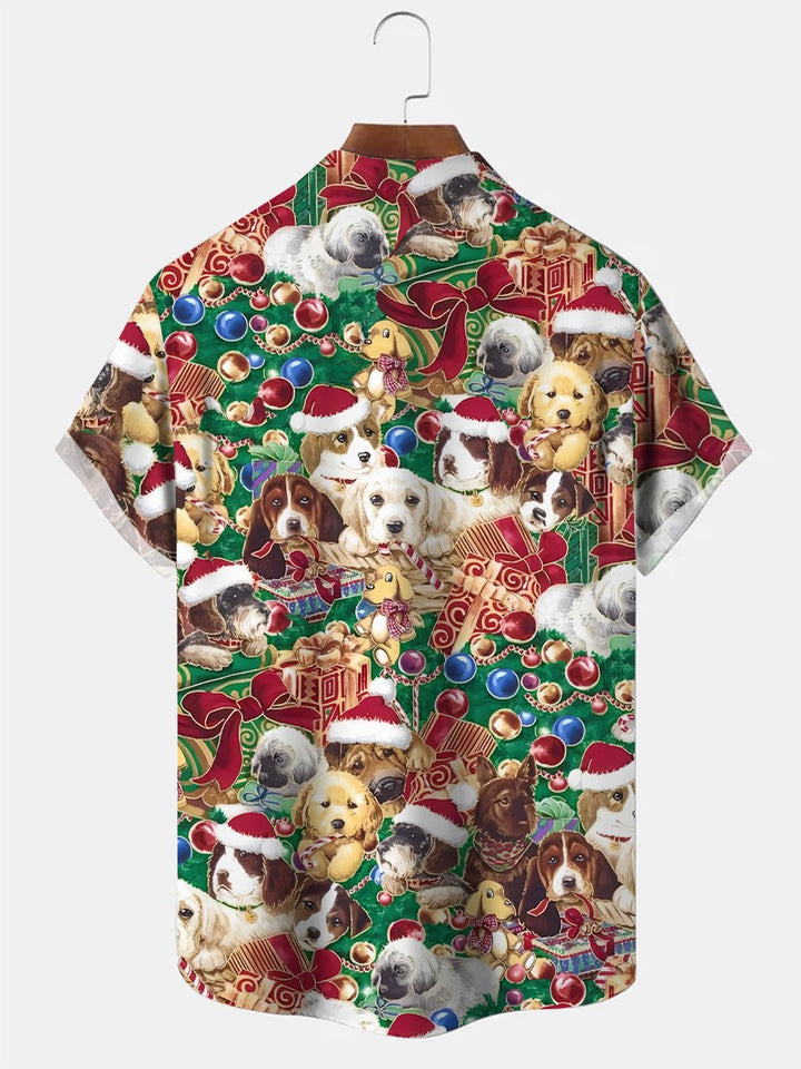Alohadaddy Christmas Animal Dog Gift Button Pocket Casual Short Sleeve Shirt