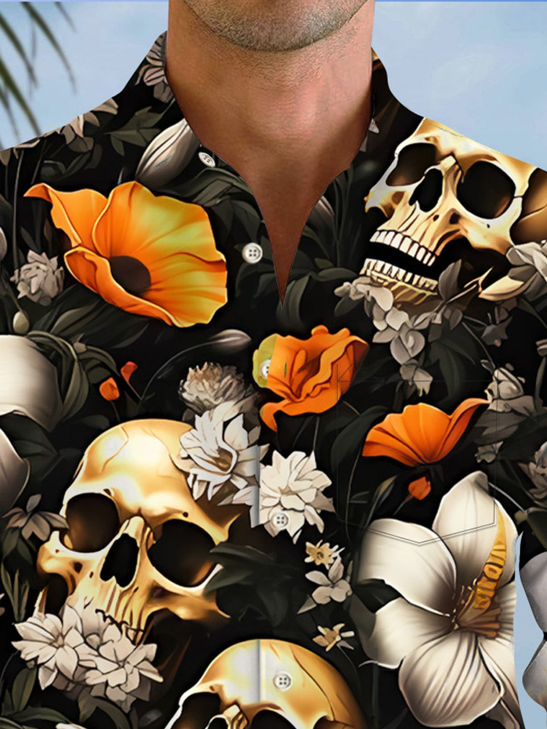Alohadaddy Skull Plant Flower Button Pocket Casual Long Sleeve Shirt