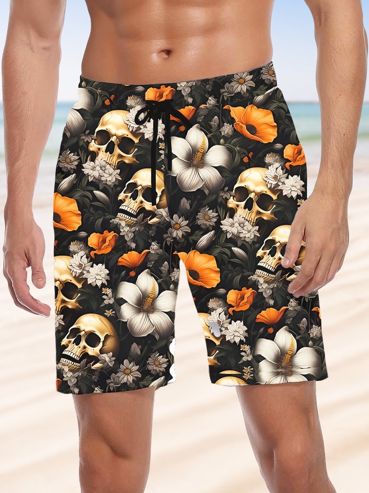 Pantalones cortos de playa con diseño de calavera y flores de Alohadaddy