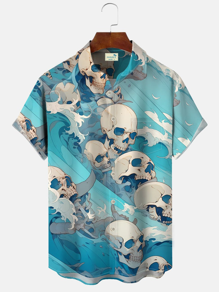 Alohadaddy Wave Skull Button Pocket Casual Short Sleeve Shirt