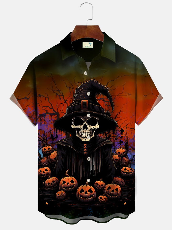 Alohadaddy Halloween Skeleton Wizard Button Pocket Casual Short Sleeve Shirt