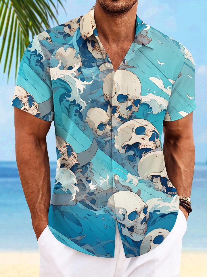 Alohadaddy Wave Skull Button Pocket Casual Short Sleeve Shirt