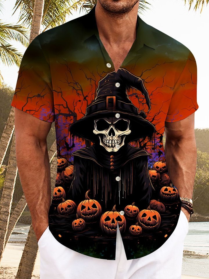 Alohadaddy Halloween Skeleton Wizard Button Pocket Casual Short Sleeve Shirt