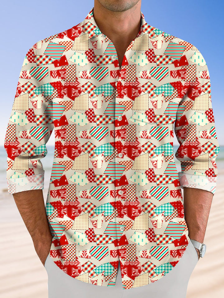 Alohadaddy Christmas Geometric Pattern Pocket Button Casual Long Sleeve Shirt