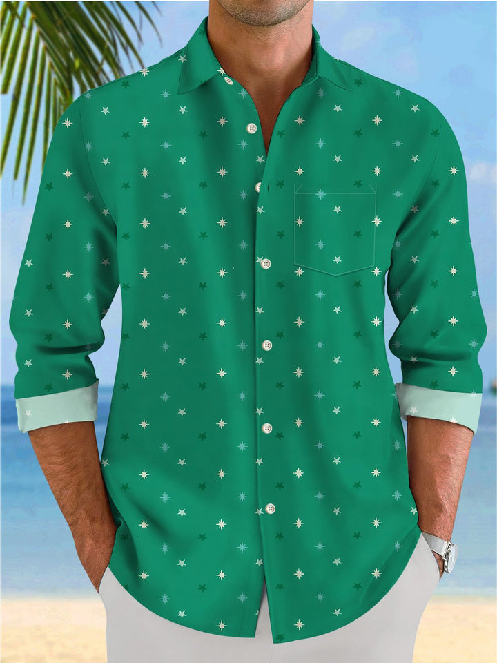 Alohadaddy Christmas Geometric Stars Pocket Button Casual Long Sleeve Shirt