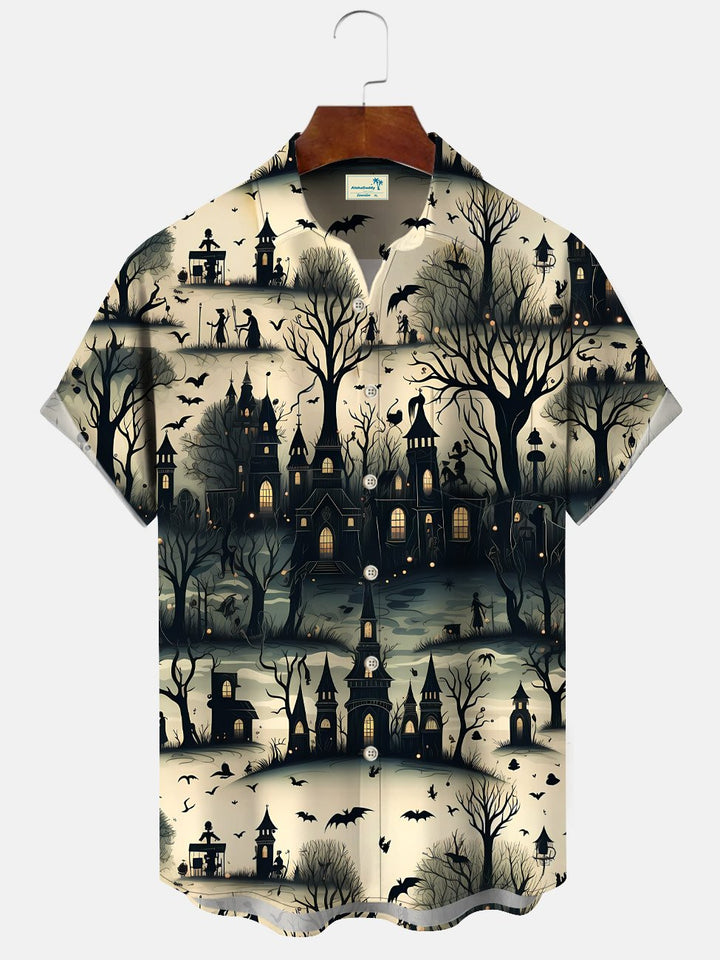 Alohadaddy Halloween Haunted House Pocket Button Casual Short Sleeve Shirt