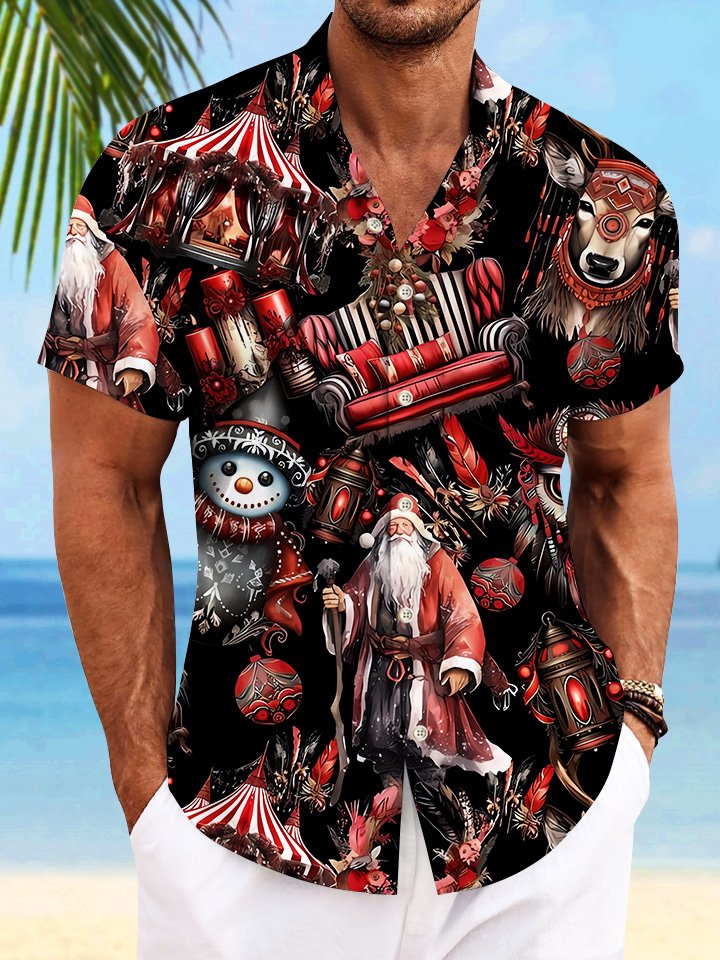 Alohadaddy Christmas Santa Claus Gift Pocket Button Casual Short Sleeve Shirt