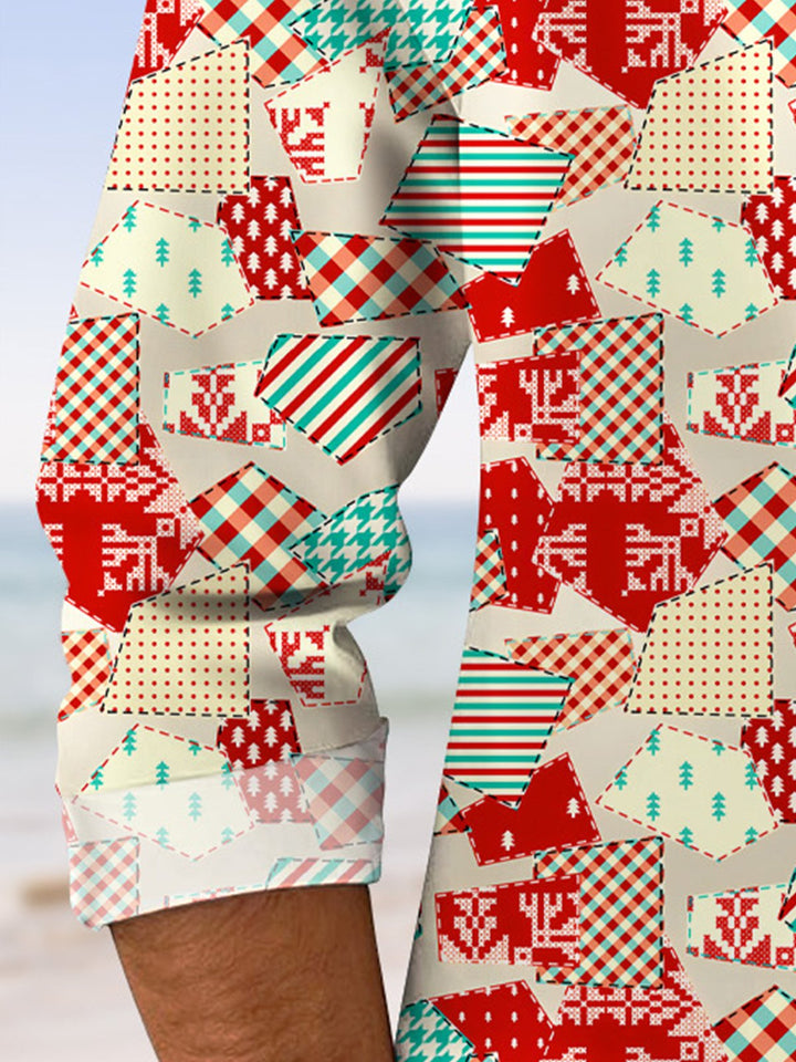 Alohadaddy Christmas Geometric Pattern Pocket Button Casual Long Sleeve Shirt