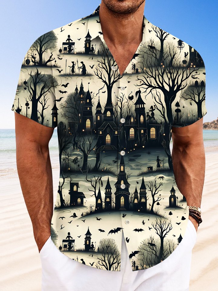 Alohadaddy Halloween Haunted House Pocket Button Casual Short Sleeve Shirt