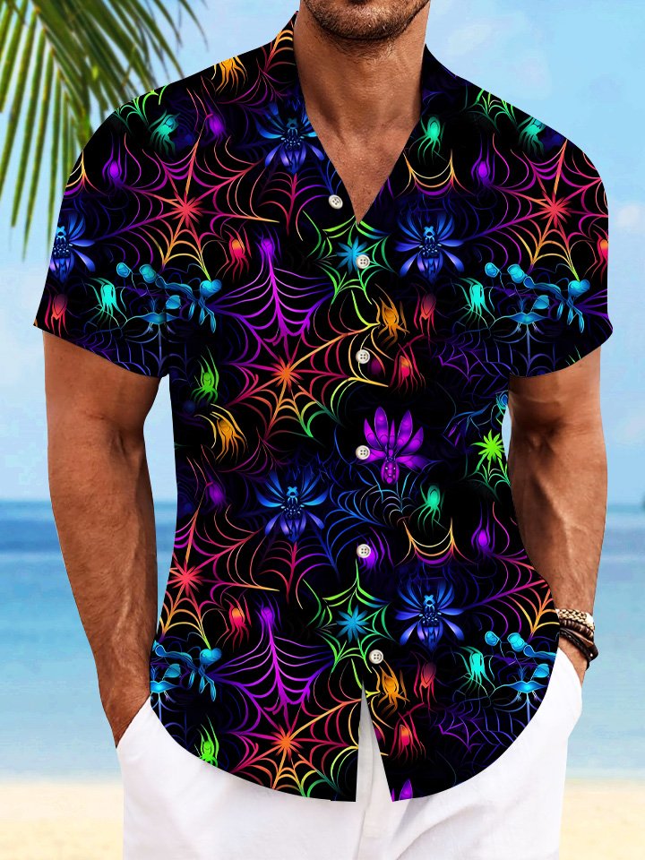 Alohadaddy Halloween Spider Web Pocket Button Casual Short Sleeve Shirt