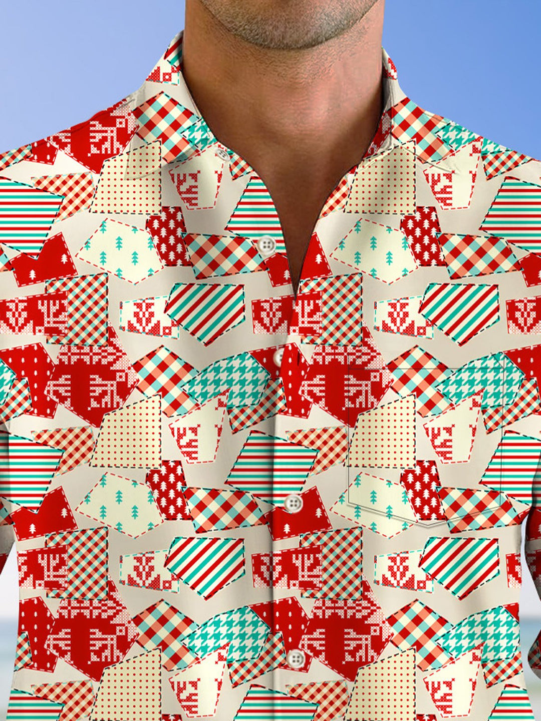 Alohadaddy Christmas Geometric Pattern Pocket Button Casual Long Sleeve Shirt