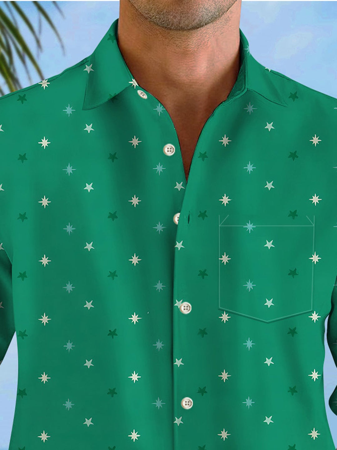 Alohadaddy Christmas Geometric Stars Pocket Button Casual Long Sleeve Shirt