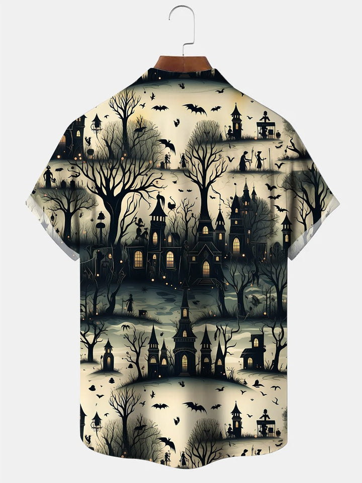 Alohadaddy Halloween Haunted House Pocket Button Casual Short Sleeve Shirt