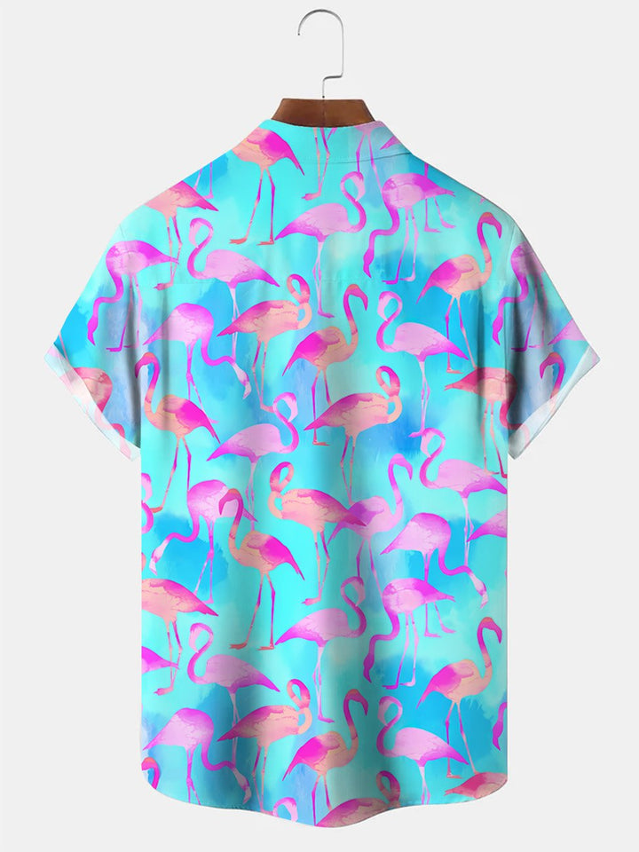 Camisa informal de manga corta con botones y bolsillo con diseño de flamenco y cocotero de Alohadaddy