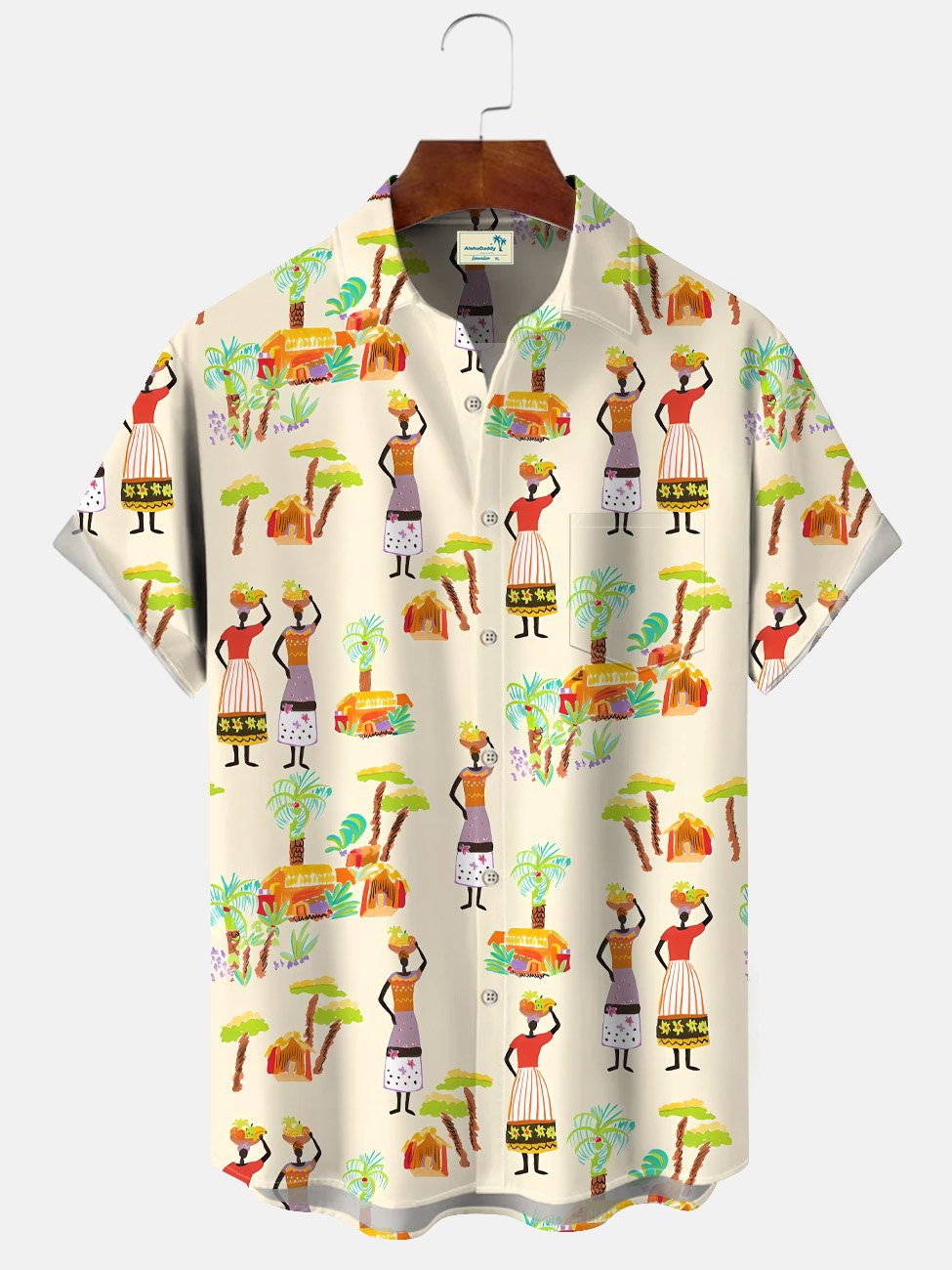 Alohadaddy Tribe Coconut Tree Stone Statue Button Pocket Casual Short Sleeve Shirt