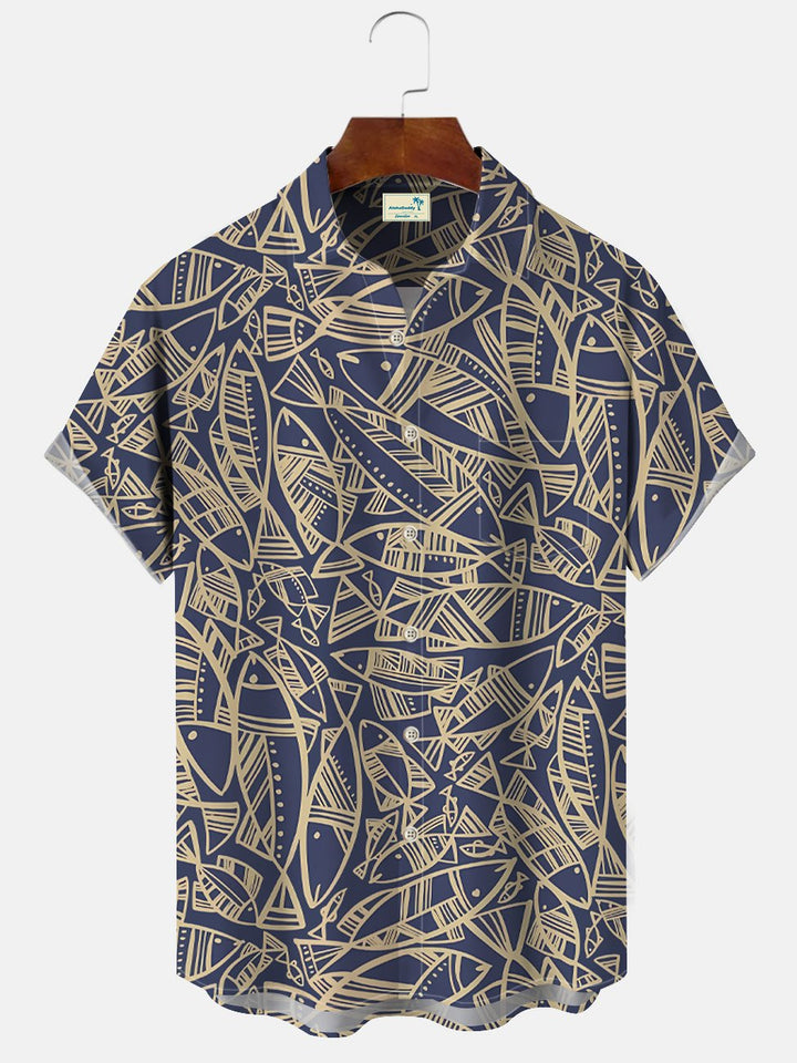 Alohadaddy Geometric Ocean Fish Button Pocket Casual Short Sleeve Shirt