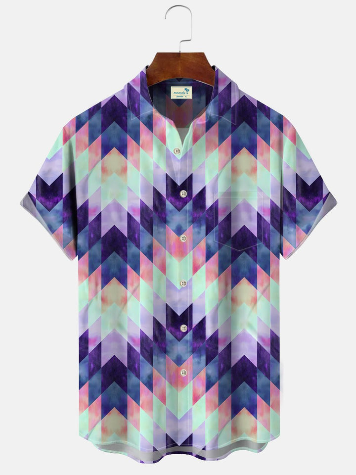 Alohadaddy Geometric Pattern Diamond Button Pocket Casual Short Sleeve Shirt