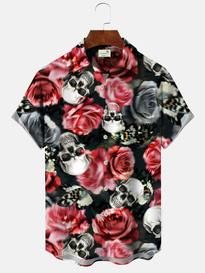 Alohadaddy Retro Plant Flower Skull Button Pocket Casual Short Sleeve Shirt