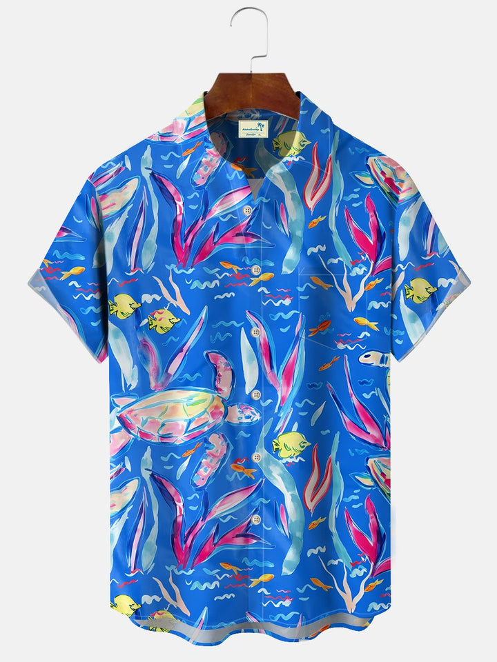 Alohadaddy Ocean Plants Turtle Button Pocket Casual Short Sleeve Shirt