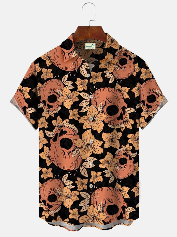Alohadaddy Leaf Skull Halloween Button Pocket Casual Short Sleeve Shirt