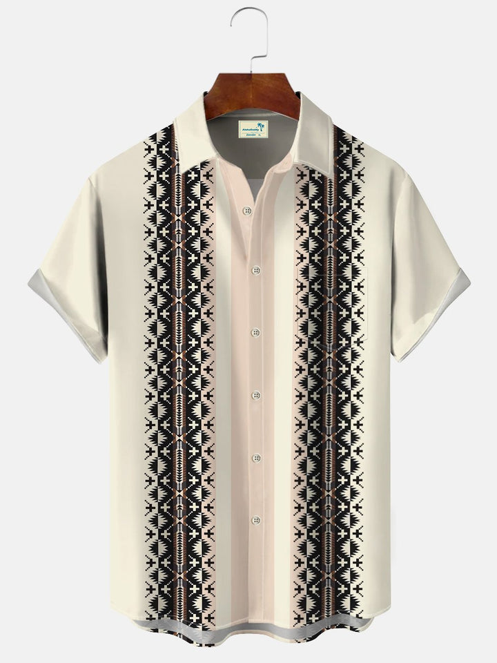 Alohadaddy Ethnic Geometric Pattern Button Pocket Casual 50S Bowling Commuting Short Sleeve Shirt