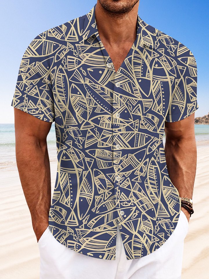 Alohadaddy Geometric Ocean Fish Button Pocket Casual Short Sleeve Shirt
