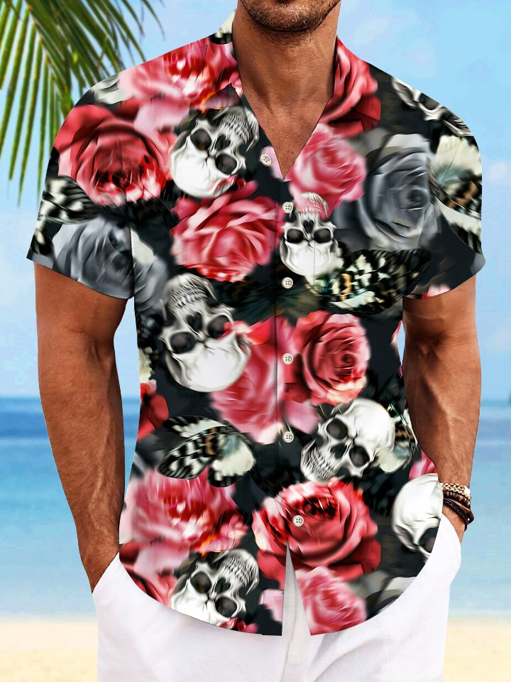 Alohadaddy Retro Plant Flower Skull Button Pocket Casual Short Sleeve Shirt