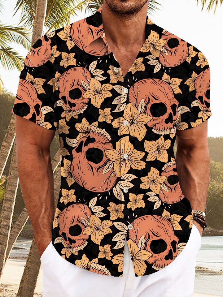 Alohadaddy Leaf Skull Halloween Button Pocket Casual Short Sleeve Shirt