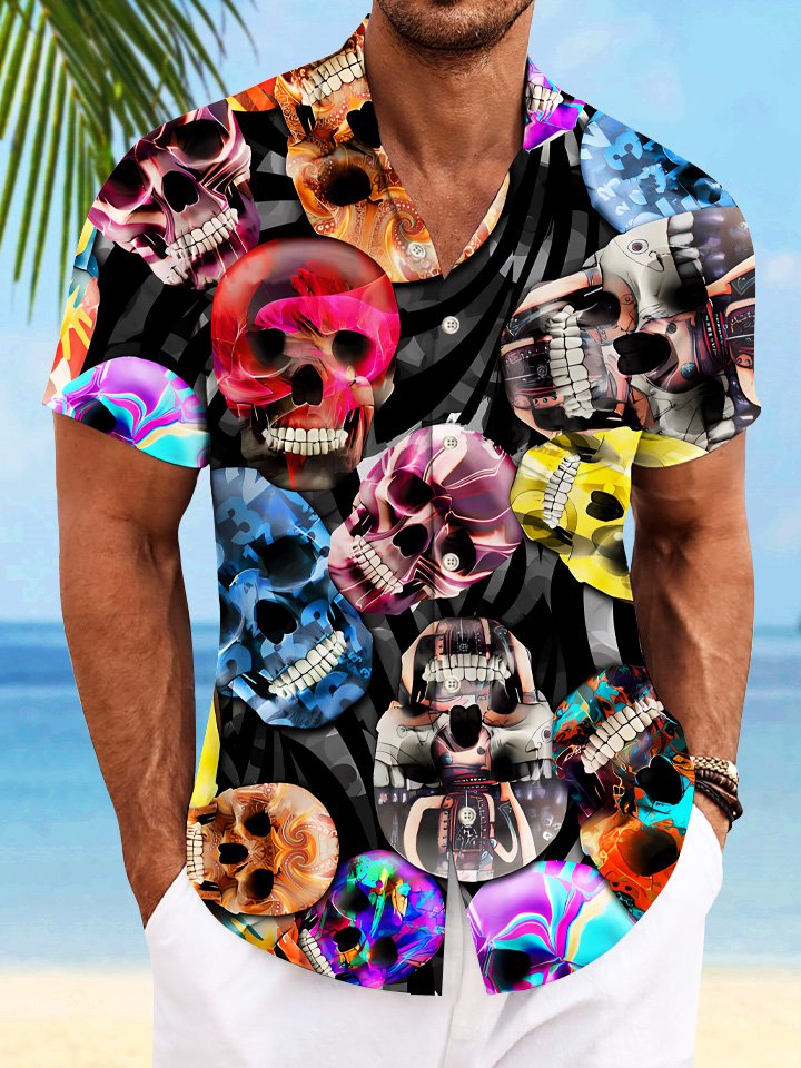 Alohadaddy Skull Halloween Button Pocket Casual Short Sleeve Shirt
