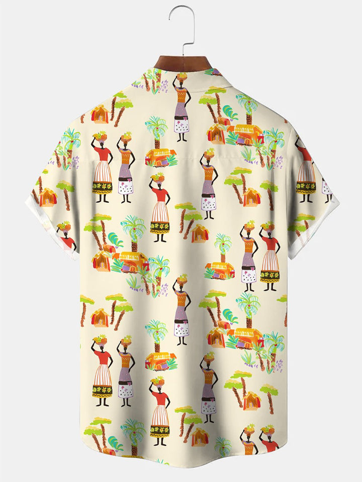 Alohadaddy Tribe Coconut Tree Stone Statue Button Pocket Casual Short Sleeve Shirt