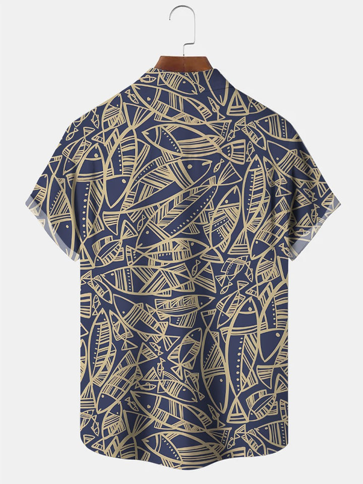 Alohadaddy Geometric Ocean Fish Button Pocket Casual Short Sleeve Shirt