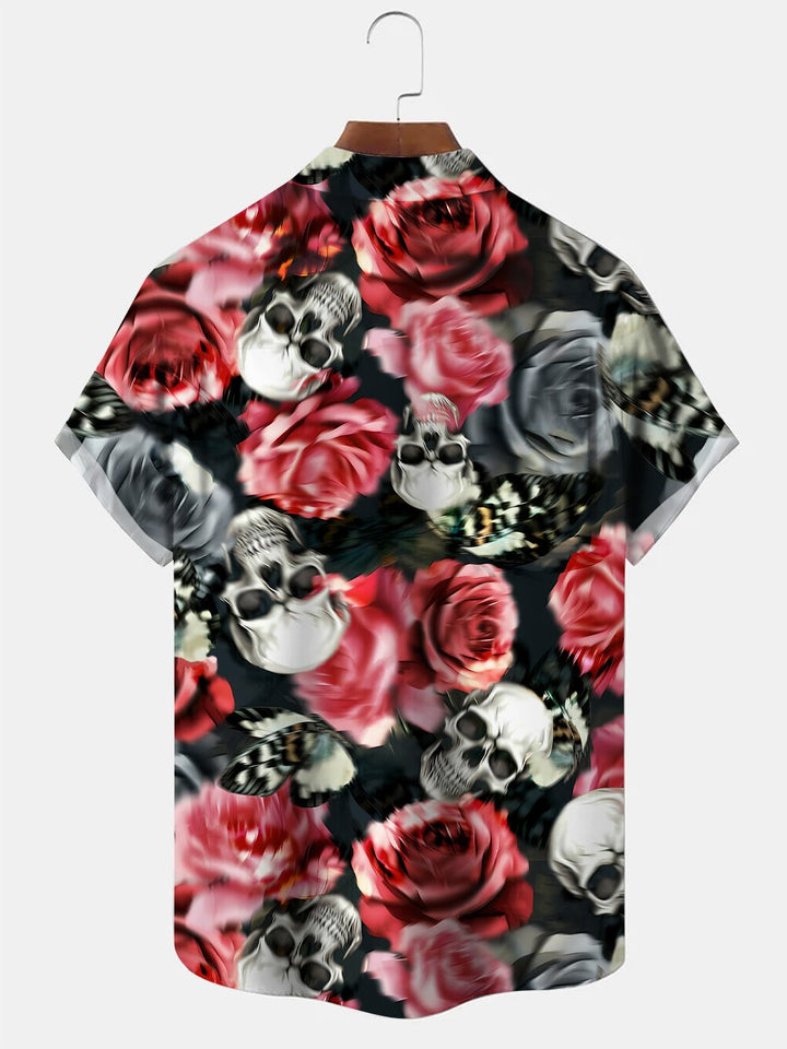 Alohadaddy Retro Plant Flower Skull Button Pocket Casual Short Sleeve Shirt