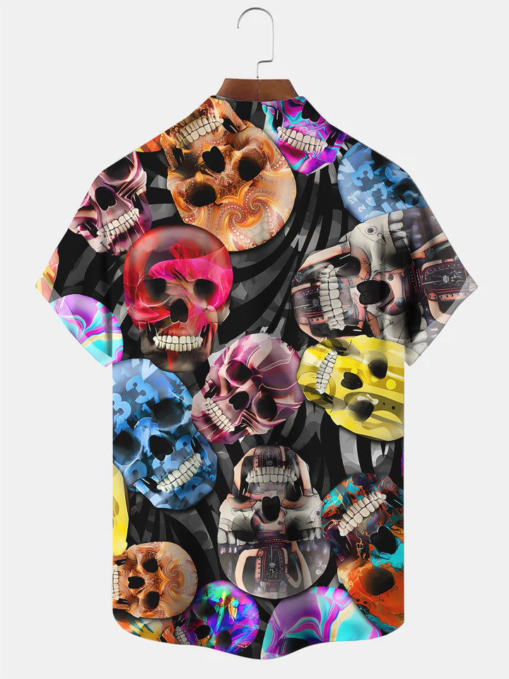 Alohadaddy Skull Halloween Button Pocket Casual Short Sleeve Shirt