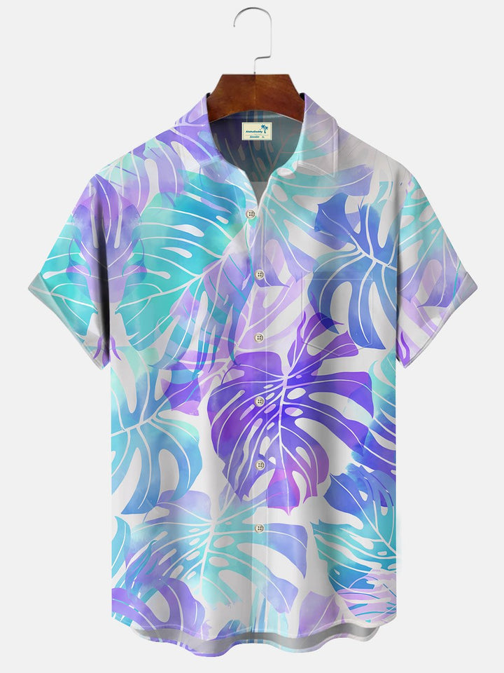 Alohadaddy Plant Leaves Gradient Button Pocket Casual Short Sleeve Shirt