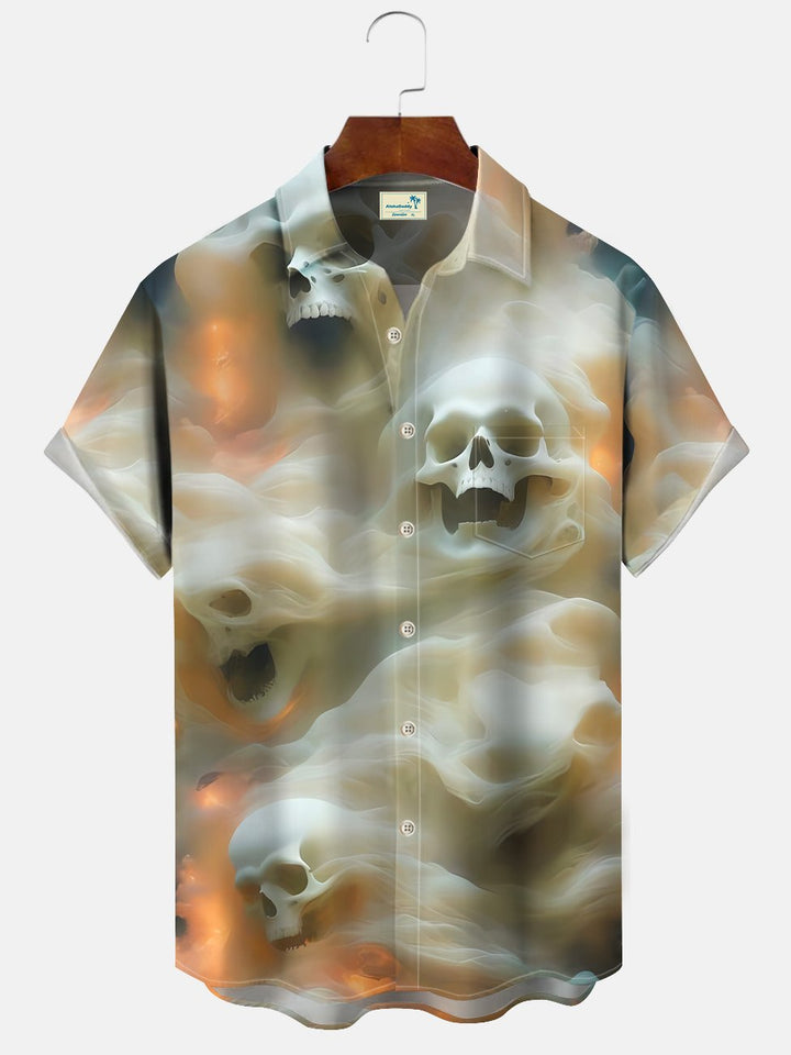 Alohadaddy Halloween Skull 3D Stereo Art Button Pocket Casual Short Sleeve Shirt