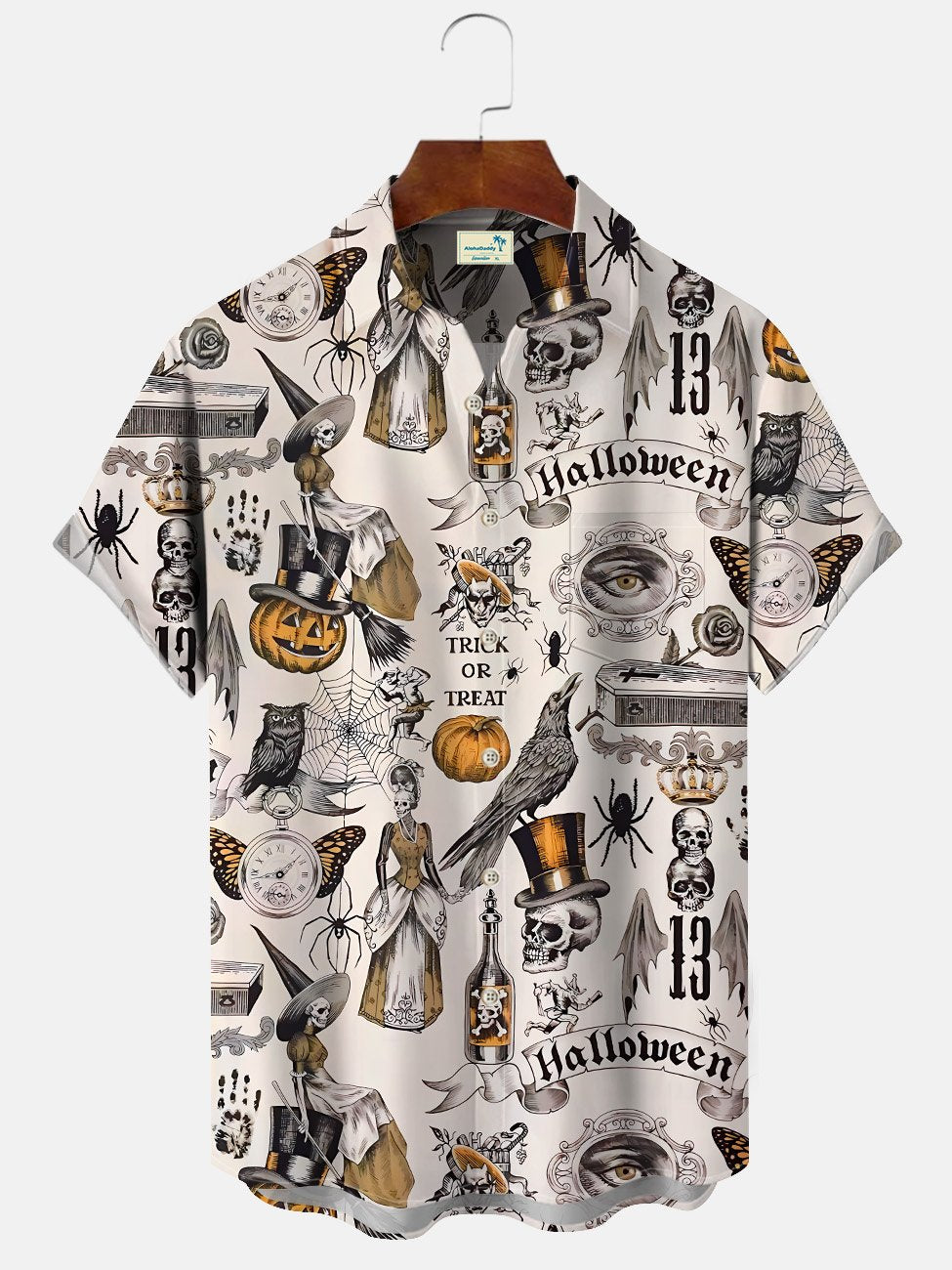 Alohadaddy Halloween Pumpkin Skull Button Pocket Casual Short Sleeve Shirt