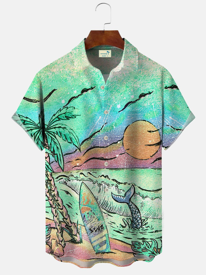 Alohadaddy Beach Coconut Tree Surfing Button Pocket Casual Short Sleeve Shirt